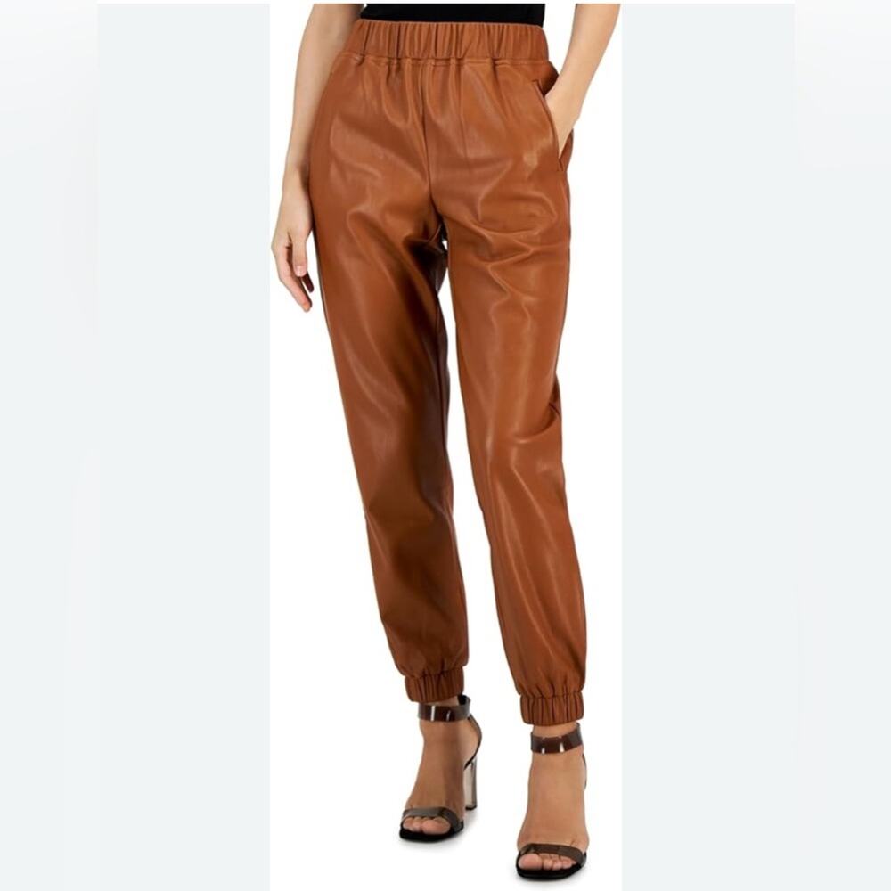 NWT INC Faux Leather High Rise Jogger Pull On Pants in Cinnamon Spice Size Small